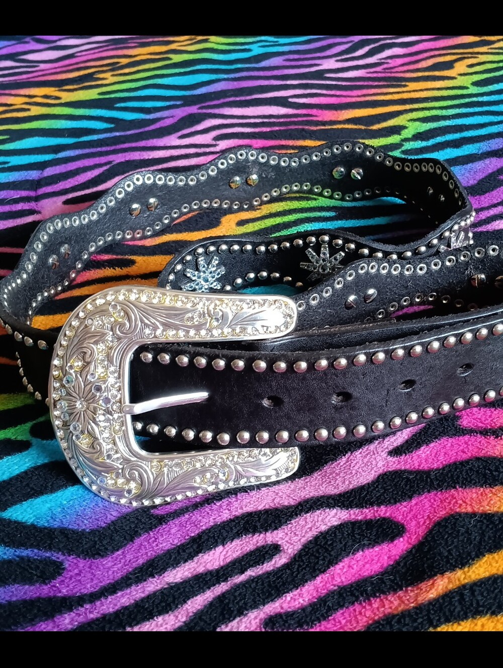 🖤 Nocona Belt Co Floral Western Scalloped Rhinestone Studded Leather XL Black
